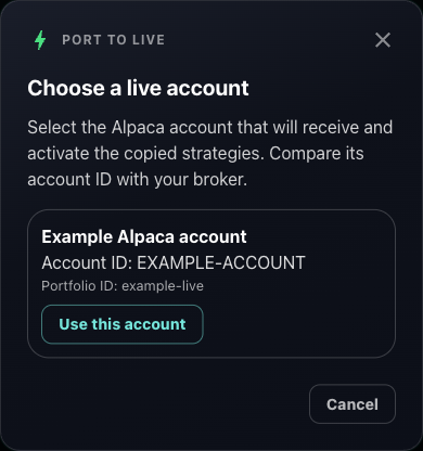 Explicit account selection before copying strategies to live