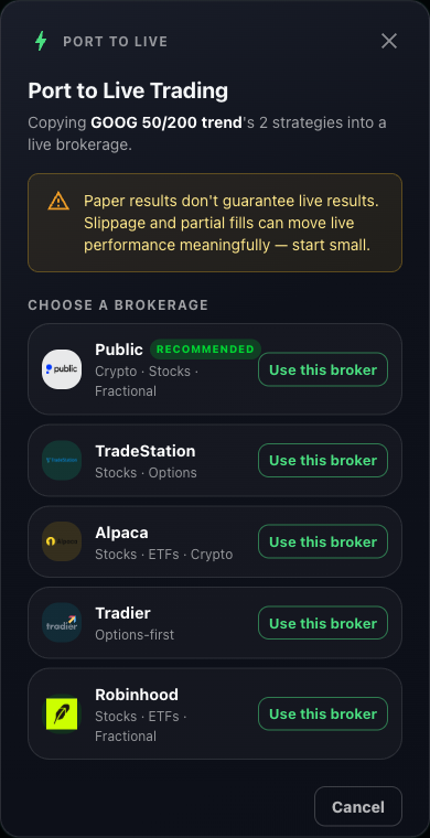 NexusTrade's Port to Live brokerage selector