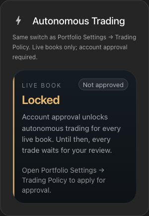 The Autonomous Trading approval state in the current Deployment Center