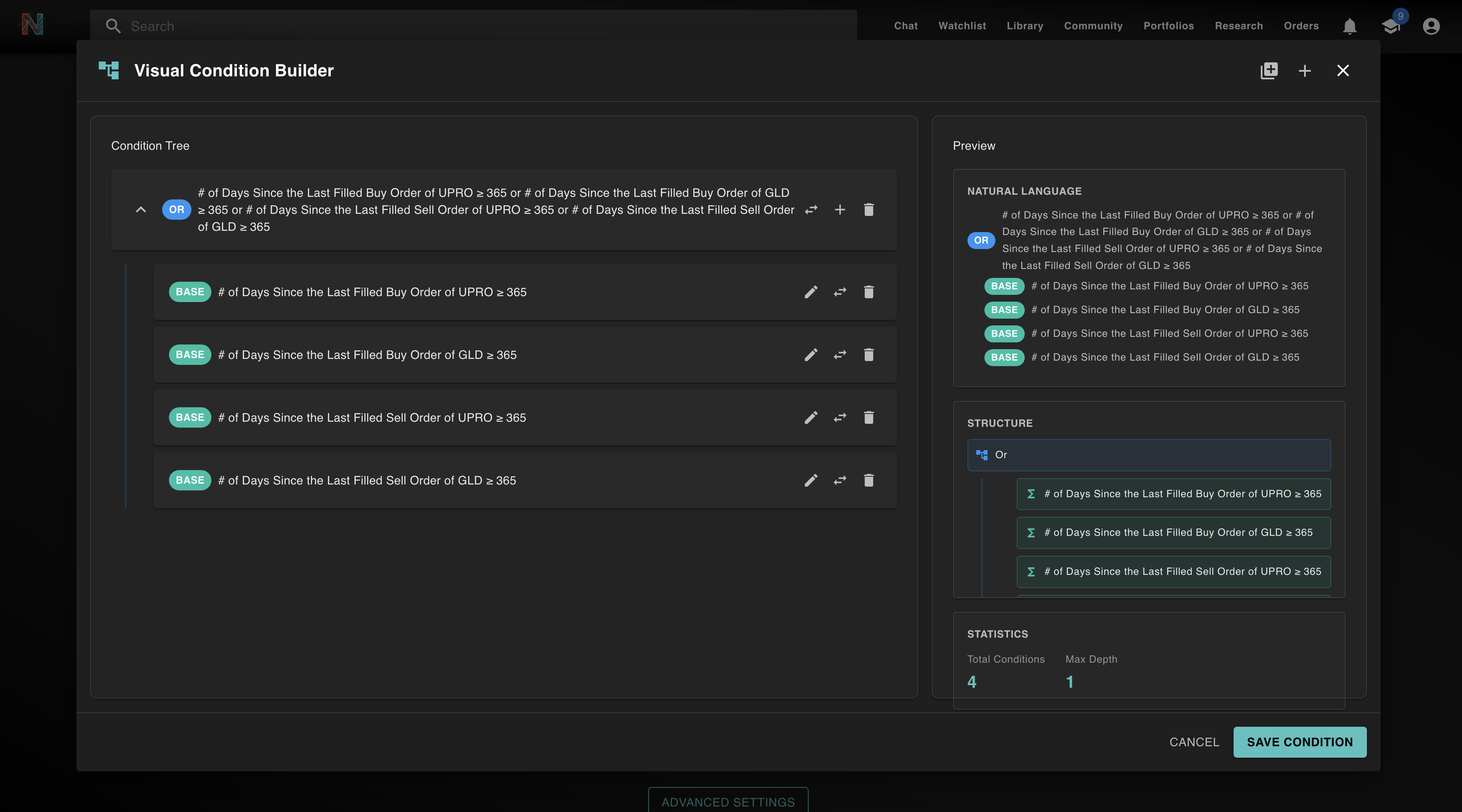 Visual Condition Builder — drag-and-drop interface for building trading strategy conditions
